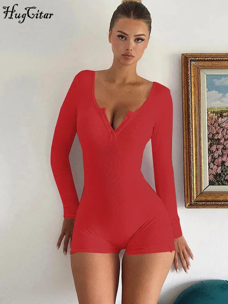 HugCitar red ribbed long-sleeve square-collar bodycon playsuit for women with button front