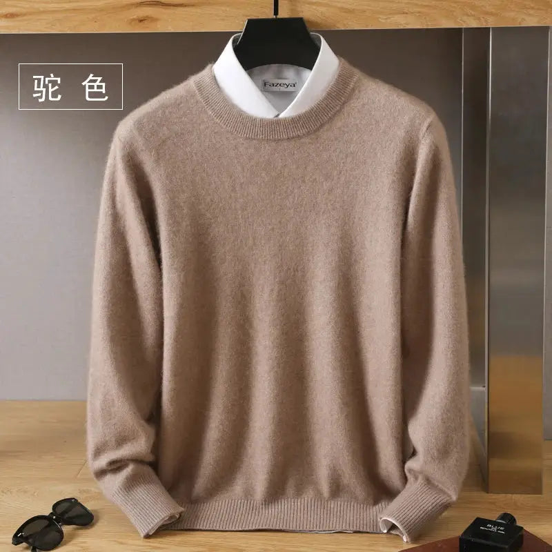 Men's mink cashmere O-neck knit sweater in taupe by Simples Market