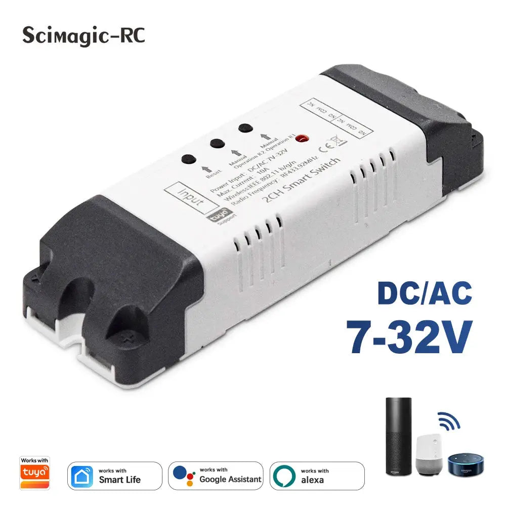 Simples Market 2CH WiFi smart relay module for garage gate, DC/AC 7–32V, RF433 remote, Tuya-compatible