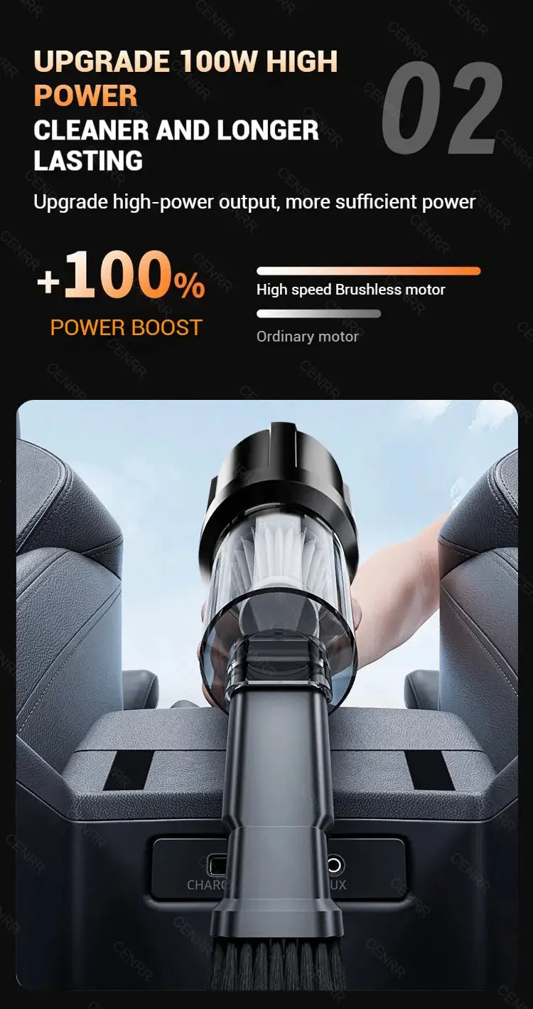 Car vacuum cleaner, cordless handheld in black with a transparent dust canister.
