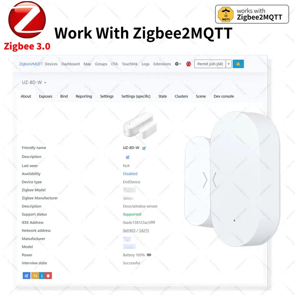 Door/window contact sensor by Simples Market, white Zigbee 3.0 smart home device compatible with Zigbee2MQTT
