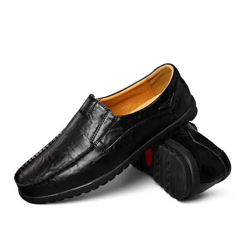 Simples Market men's black genuine leather loafers pair, slip-on moccasin driving shoes.