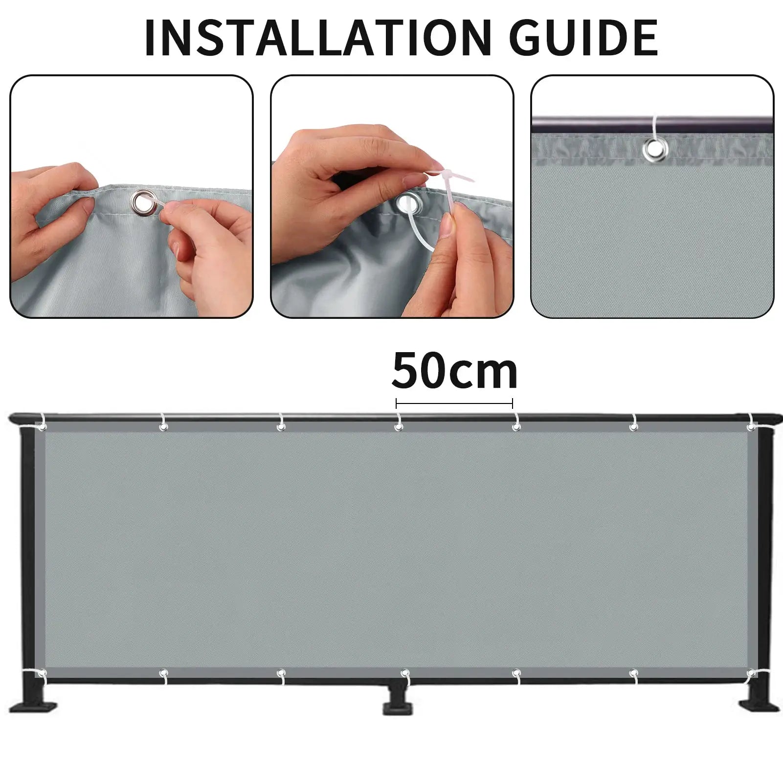 Simples Market waterproof sun shade cloth for outdoor patios; 3-step install with grommets, grey fabric, 50cm spacing