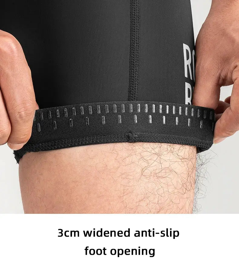 ROCKBROS men's cycling shorts with anti-slip 3cm widened leg opening in black.