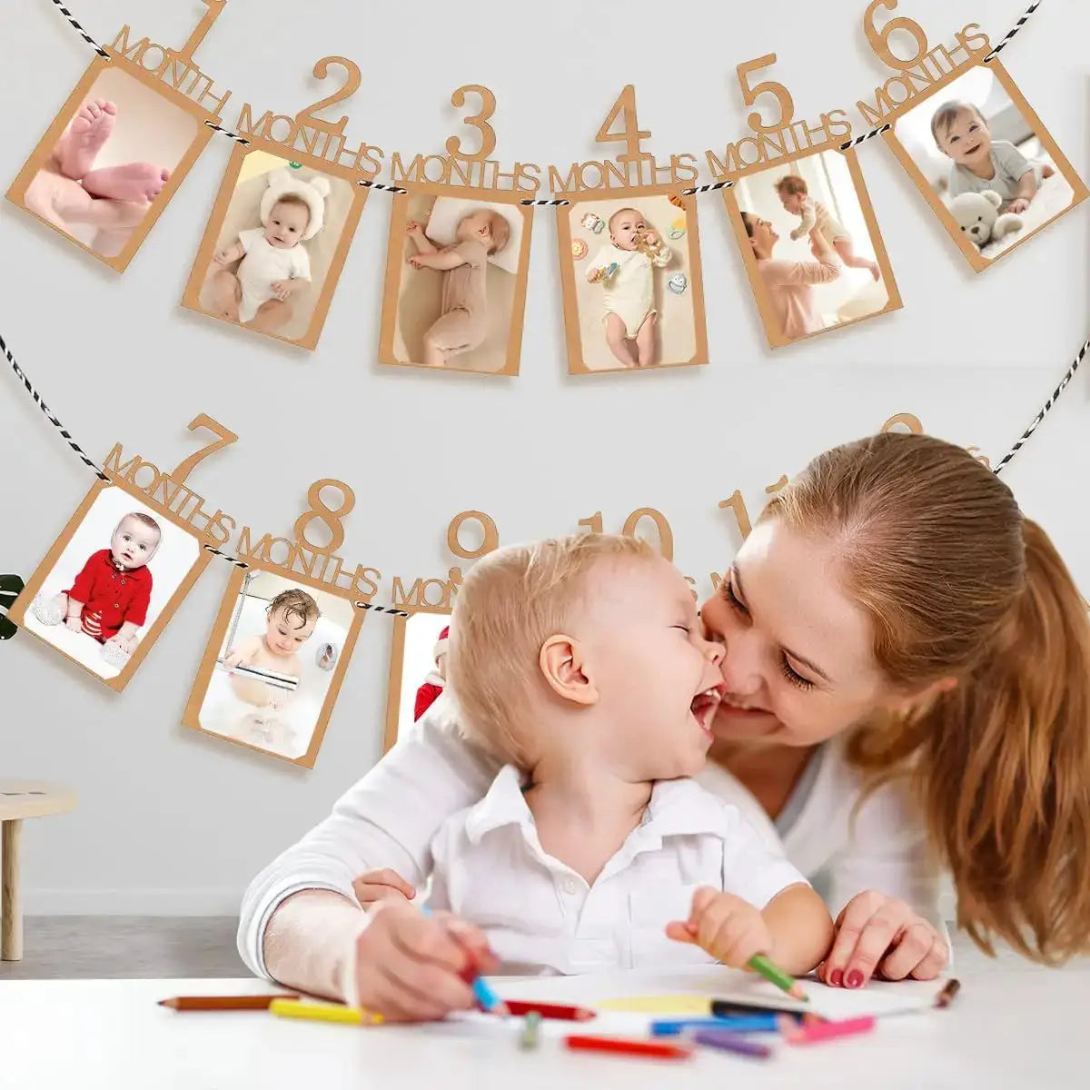 Kraft Paper Baby Growth Record Banner 1 To 12 Months Photo Clips First Birthday Party Decoration For Boy Or Girl