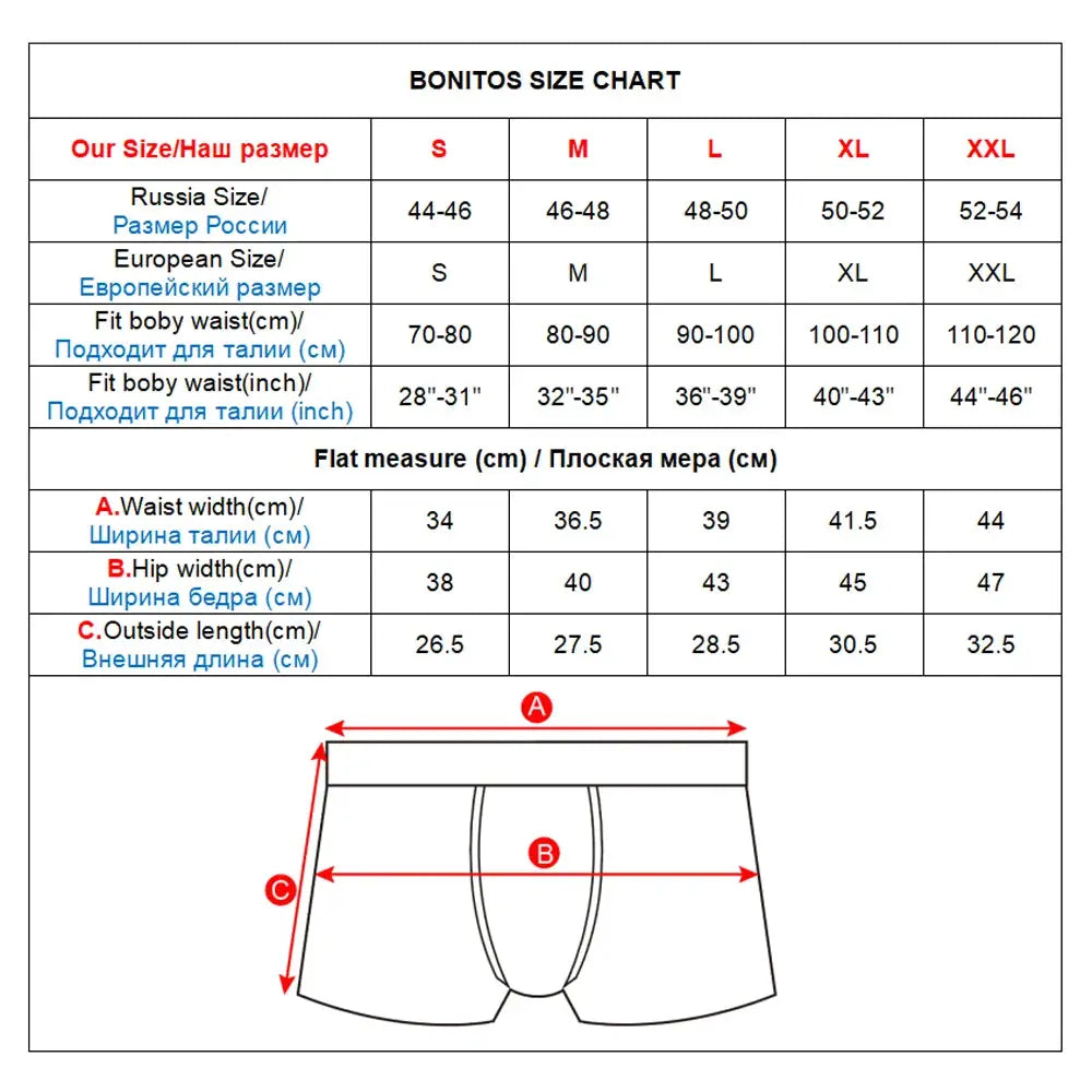 Men's cotton underwear 5pc set size chart showing waist width, hip width and outside length diagram.