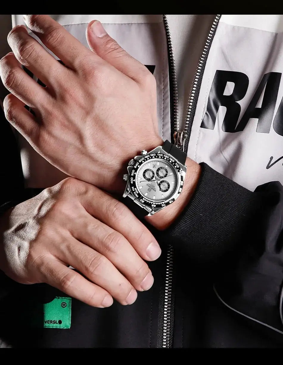 NAVIFORCE NF8054 men's watch with black silicone strap and silver chronograph dial