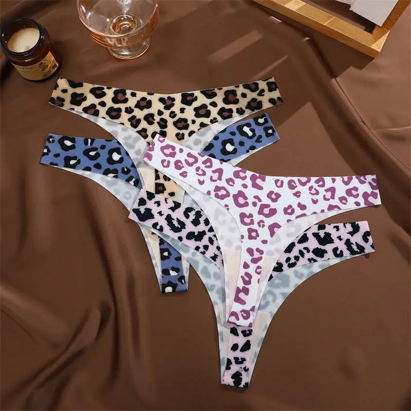 3-piece leopard print seamless thong set for women in assorted colors