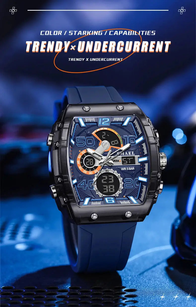 SMAEL 8109 men's square dual-display sport watch with blue silicone strap and luminous dial