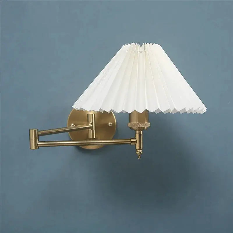 Nordic adjustable folding wall lamp with brass finish and white pleated shade