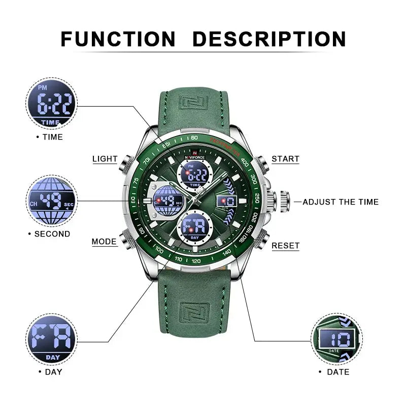 Naviforce men's sport watch with green genuine leather strap, luminous dual display
