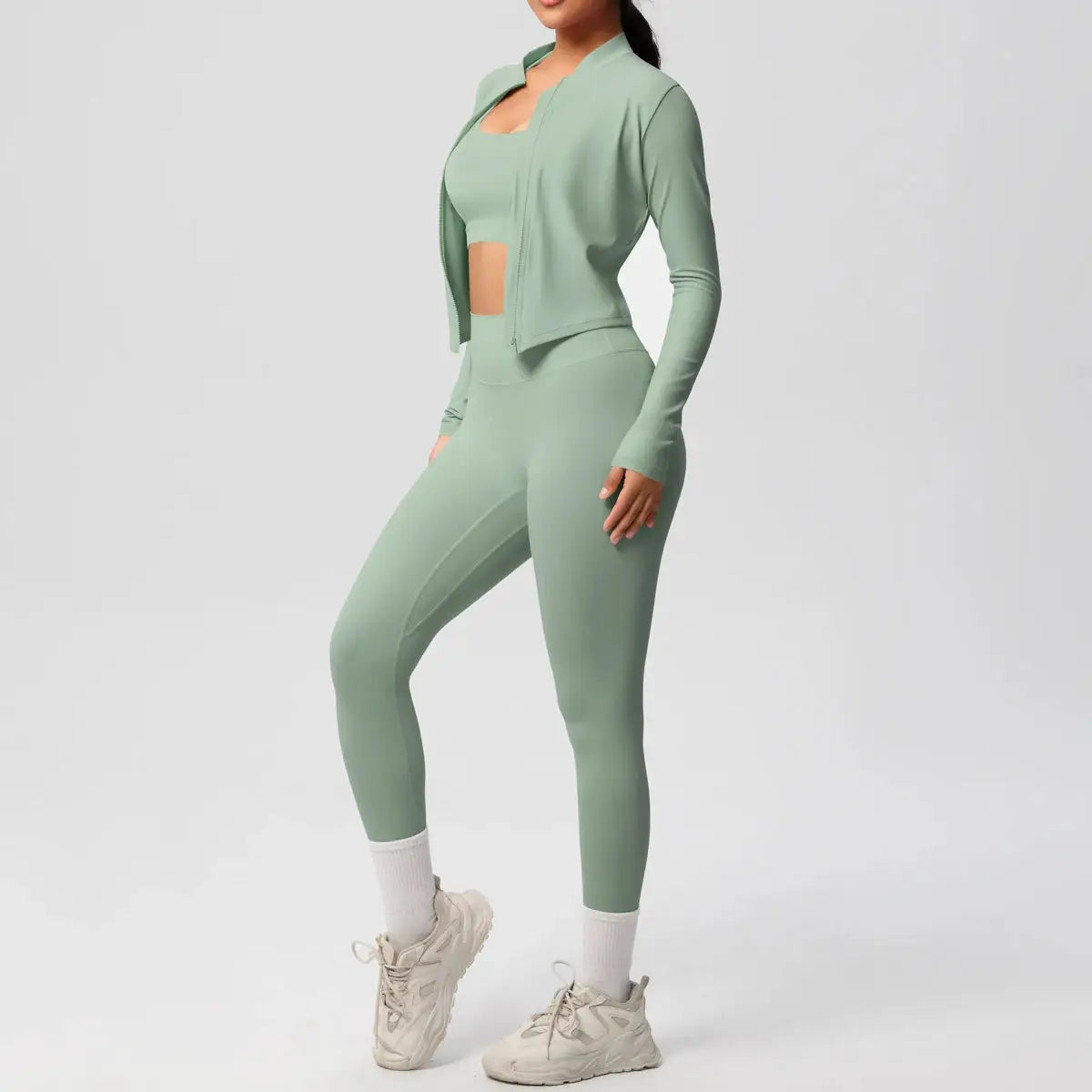 3 Piece Yoga Set for Women Sports Bra Zipper Jacket Leggings Gym Wear