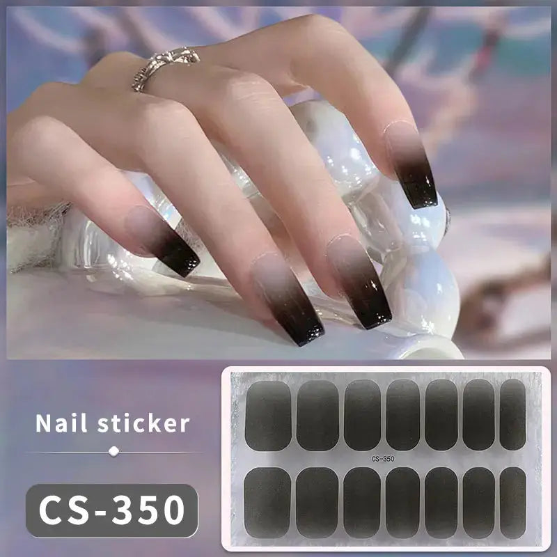 Nail stickers CS-350 by Simples Market; set of matte black gradient coffin nail wraps with swatch sheet