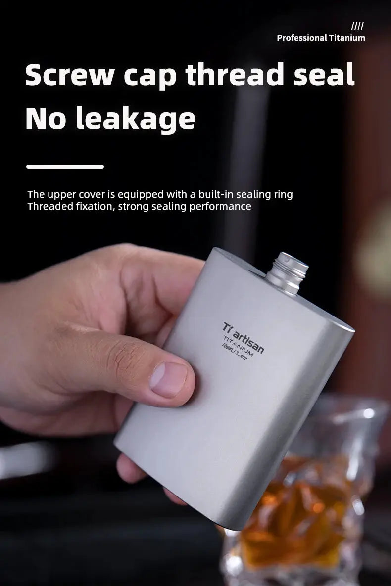 Tiartisan titanium hip flask 100ml; silver pocket whiskey flask held in hand for outdoor camping.