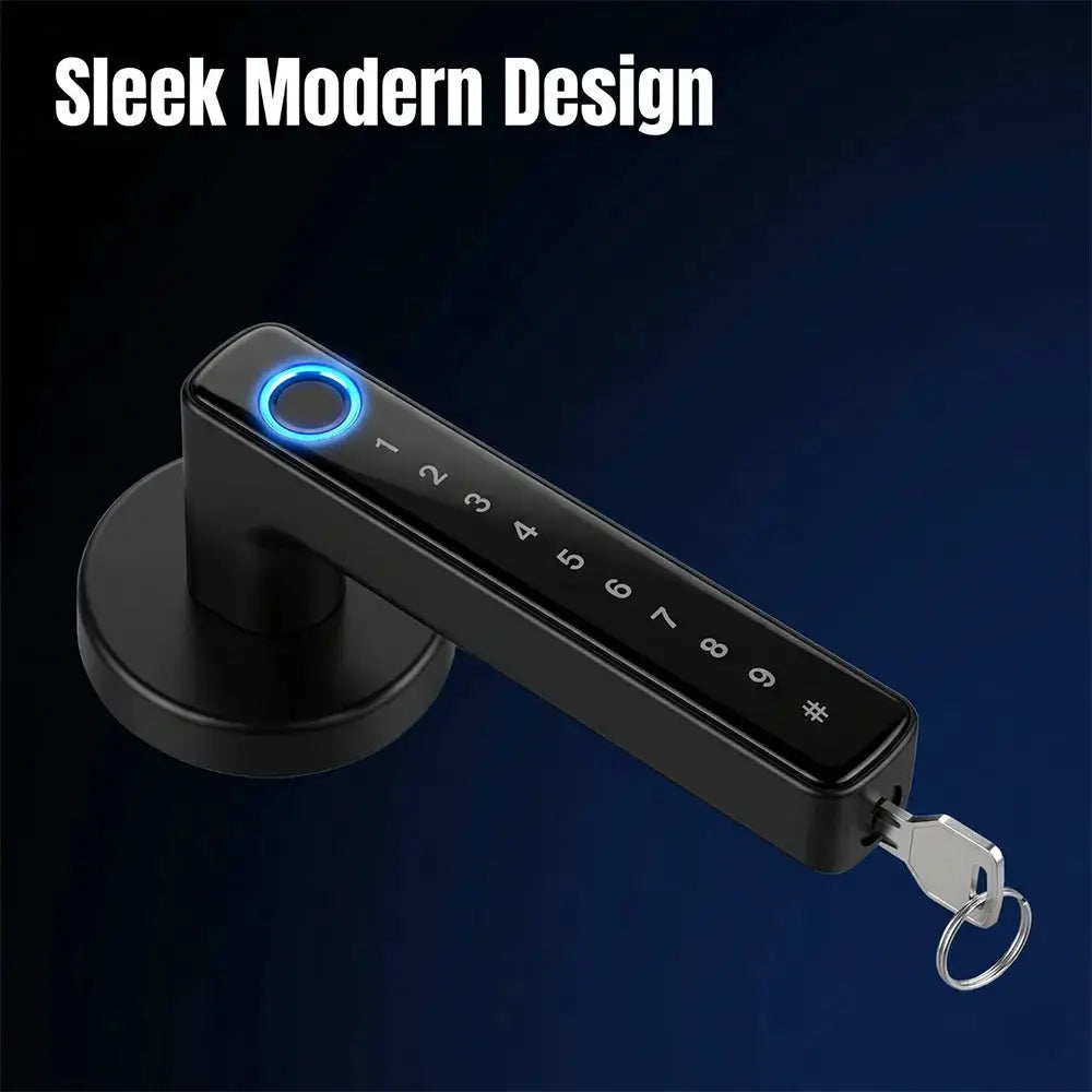Tuya Bluetooth smart door lock lever with numeric keypad, blue LED ring, black finish, Simples Market