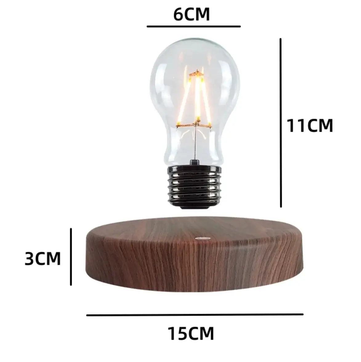 Magnetic levitation lamp by Simples Market: glass LED bulb floats above a wooden base for desk decor