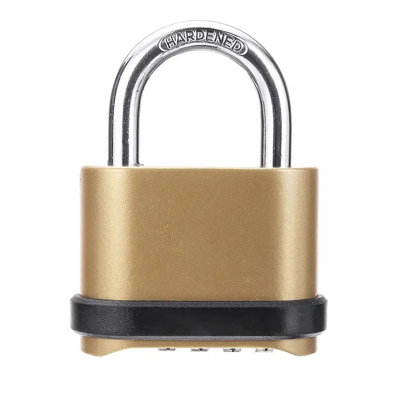 Padlock EGFirtor 4-digit code; zinc alloy body with gold finish and hardened steel shackle, waterproof