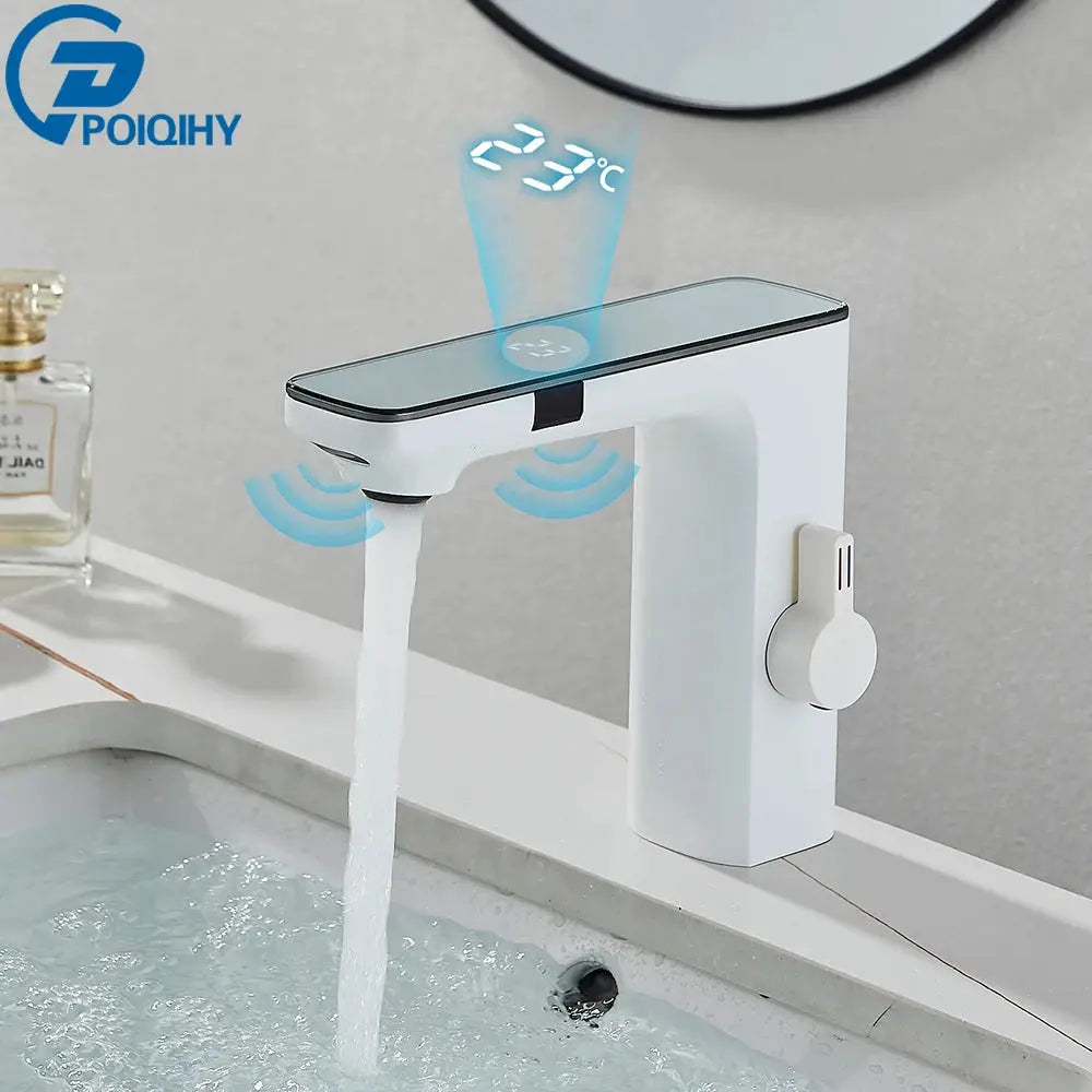 White smart sensor basin faucet with digital display and touchless operation for bathroom vanity