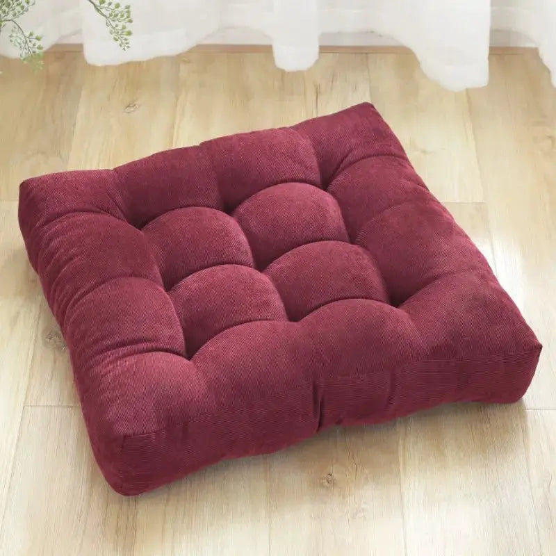 Floor pillow square tufted cushion, burgundy fabric, thick padding for meditation and seating, Simples Market
