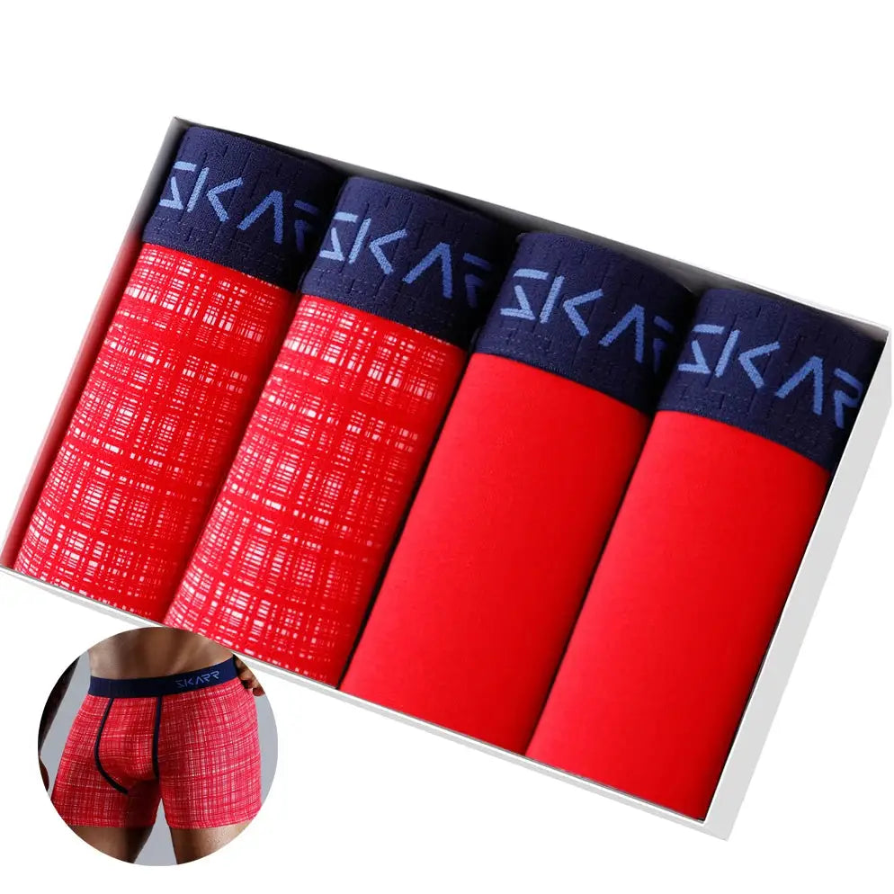 Men's boxer shorts 4-pack in red plaid and solid red with navy waistband; Simples Market underwear set.