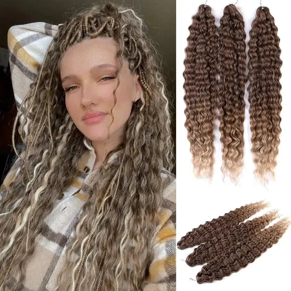 Ariel Synthetic Twist Crochet Hair 22in 300g; water-wave ombre blonde bundles (3) by Simples Market