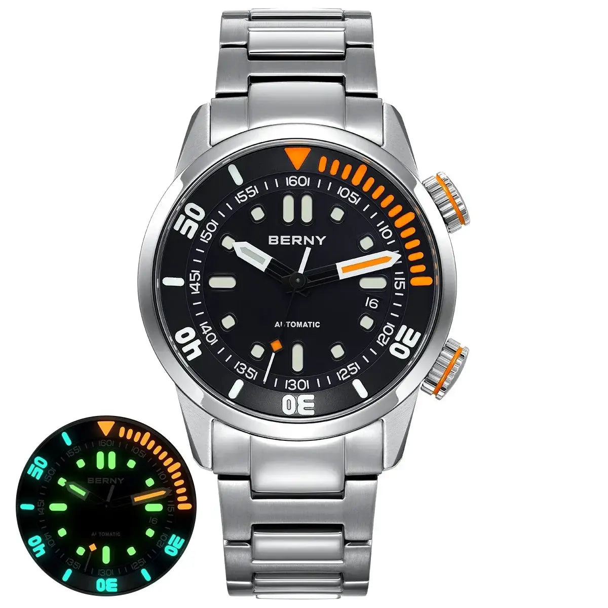 BERNY automatic dive watch for men with stainless steel bracelet, black dial, orange bezel accents and dual crowns