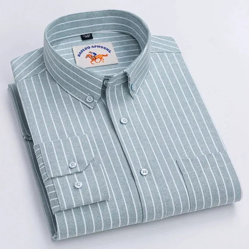 Casual pure cotton Oxford men's shirt with light blue striped pattern, long sleeves, button-down