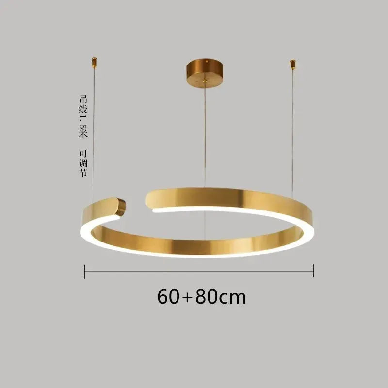 Nordic ring LED pendant lamp, gold finish, dimmable hanging chandelier with 60-80 cm adjustable width