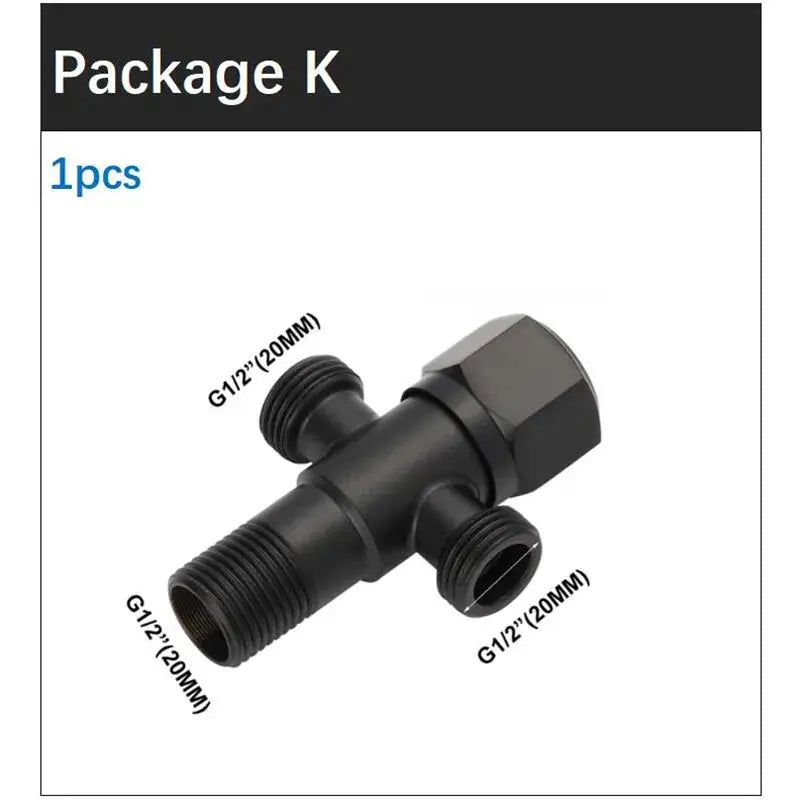 Black handheld bidet spray gun with T-valve and three G1/2 (20mm) connectors for toilet hose
