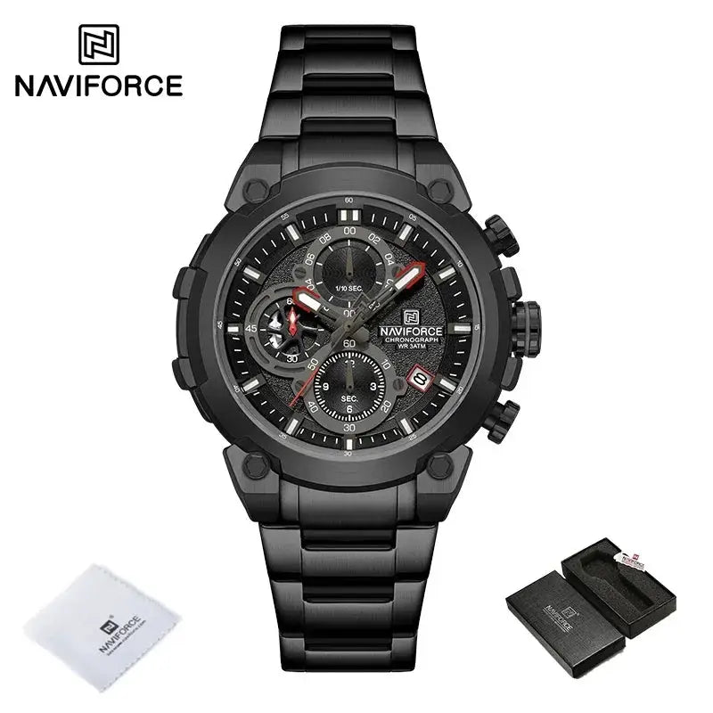 NAVIFORCE men's black stainless steel chronograph watch, 3ATM water resistant, with box and cleaning cloth