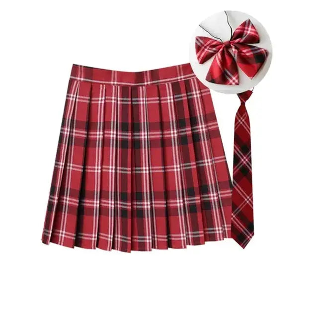 Red plaid pleated JK skirt with matching necktie and bow from Simples Market, mini A-line school uniform