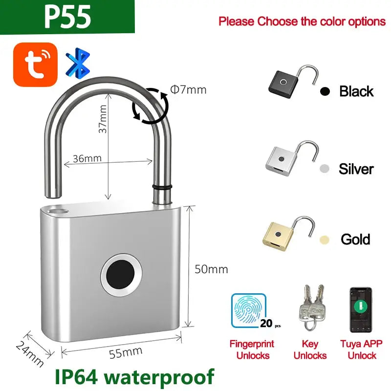 Tuya Smart padlock with fingerprint unlock, IP64 waterproof; black, silver, gold options