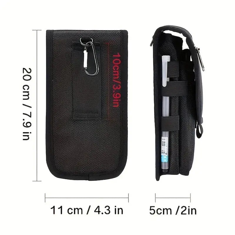 Simples Market black multifunction outdoor waist bag with MOLLE phone pouch, carabiner clip and pen pocket.