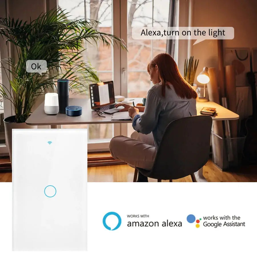 RF433 US WiFi smart wall switch by Simples Market, white touch LED panel compatible with Alexa and Google Assistant