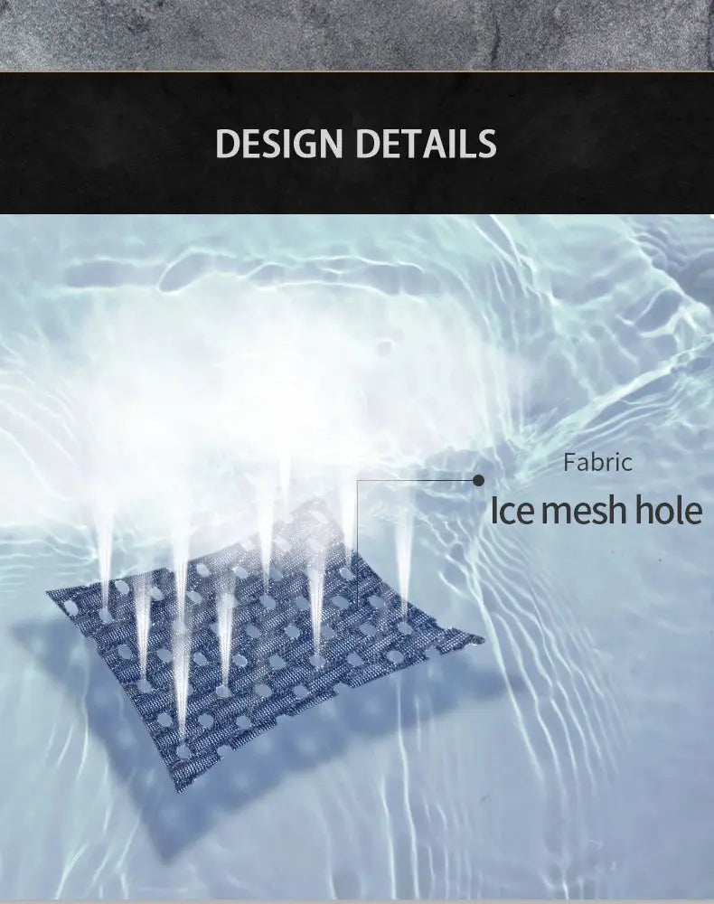 Ice-mesh fabric panel with perforated holes in blue against a water ripple background.