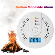 Digital carbon monoxide detector by Simples Market, white battery-powered portable CO alarm with blue LCD display