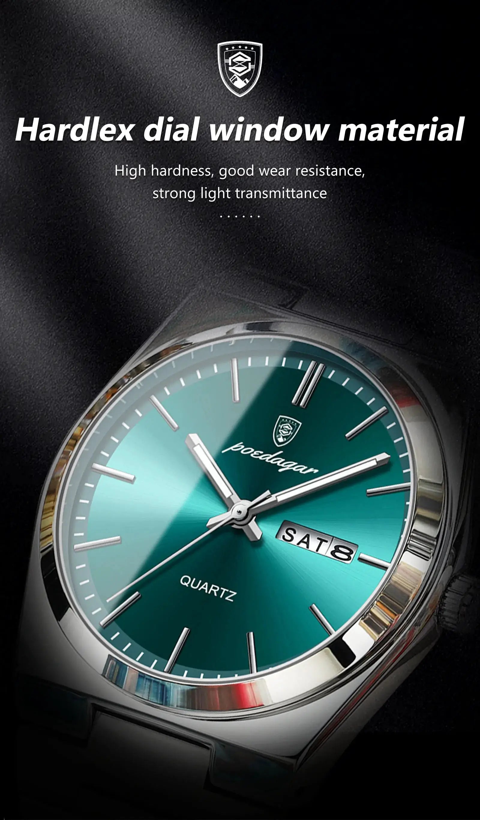 POEDAGAR men's stainless steel wristwatch with teal dial, date/day window, luminous hands