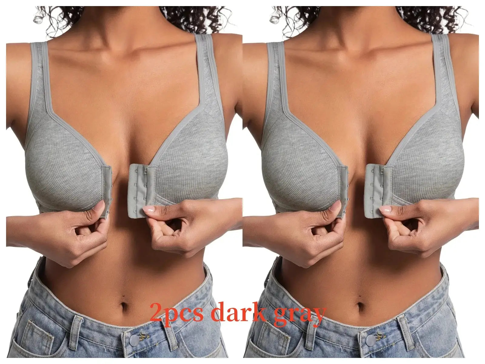 Women's wire-free front-closure bra, dark gray, 2pcs, full-coverage