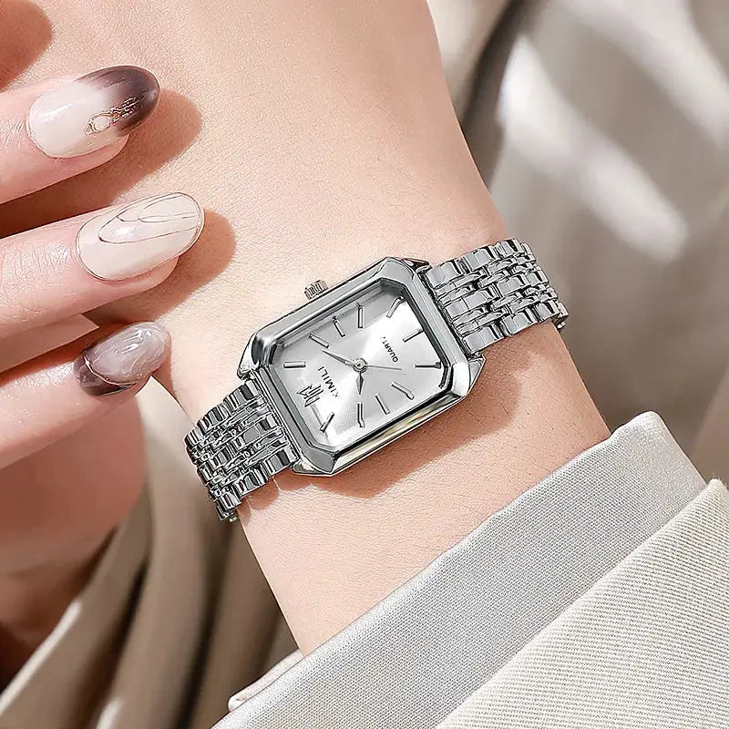 Luxury women's rectangular stainless steel watch by Simples Market with silver dial and link bracelet