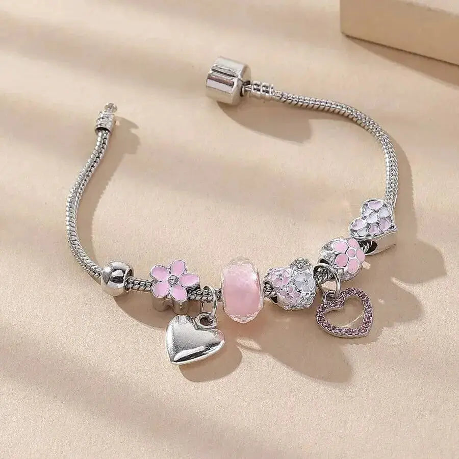 Obega Love Heart Flower Glass Pendant Charm Bracelet Pink White Crystal Stone Adjustable Bead Jewelry Silver Gold Color