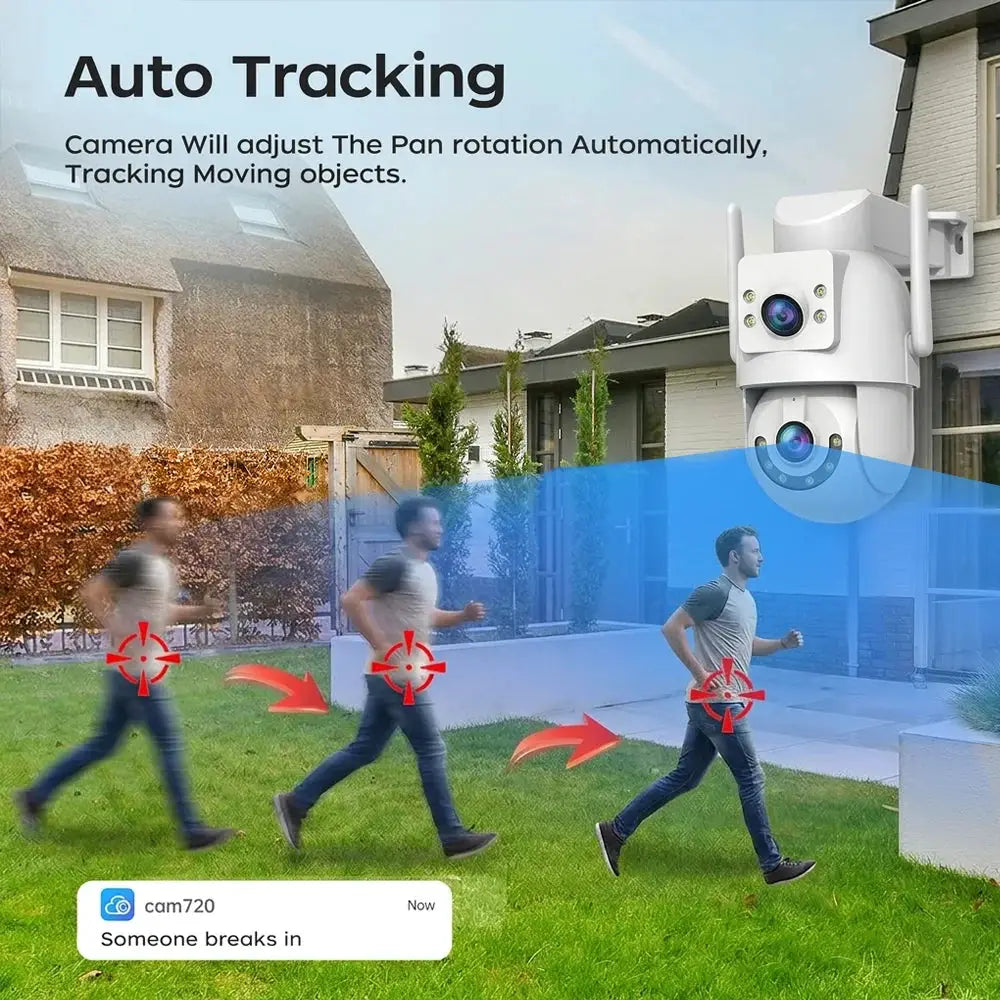 Jooan outdoor 4K/8MP PTZ security camera with dual lenses, white housing, AI auto-tracking