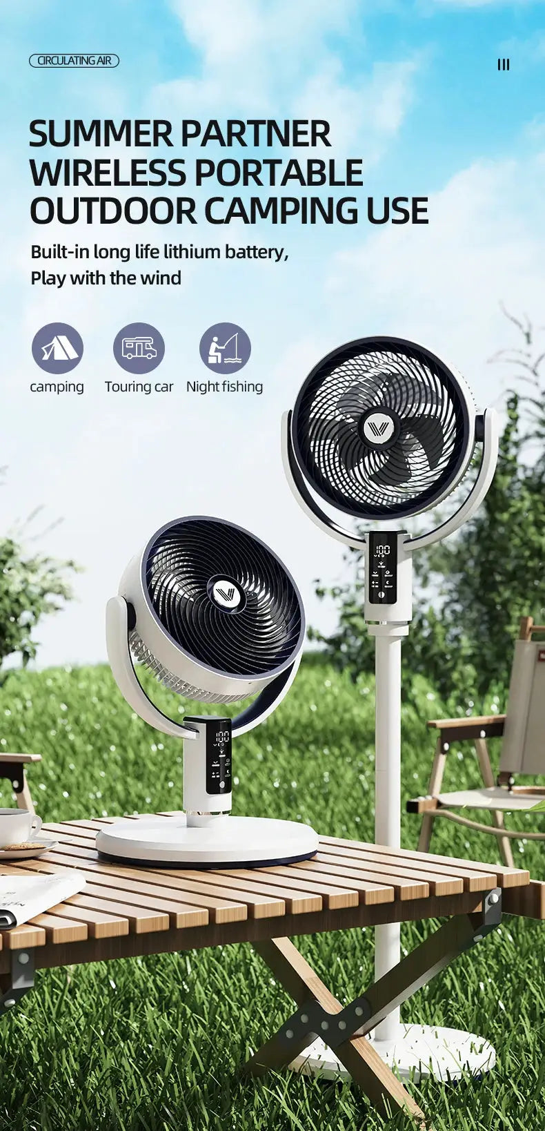Simples Market wireless portable floor and desk fans with remote, white, rechargeable 12V DC 9000mAh, 2 units