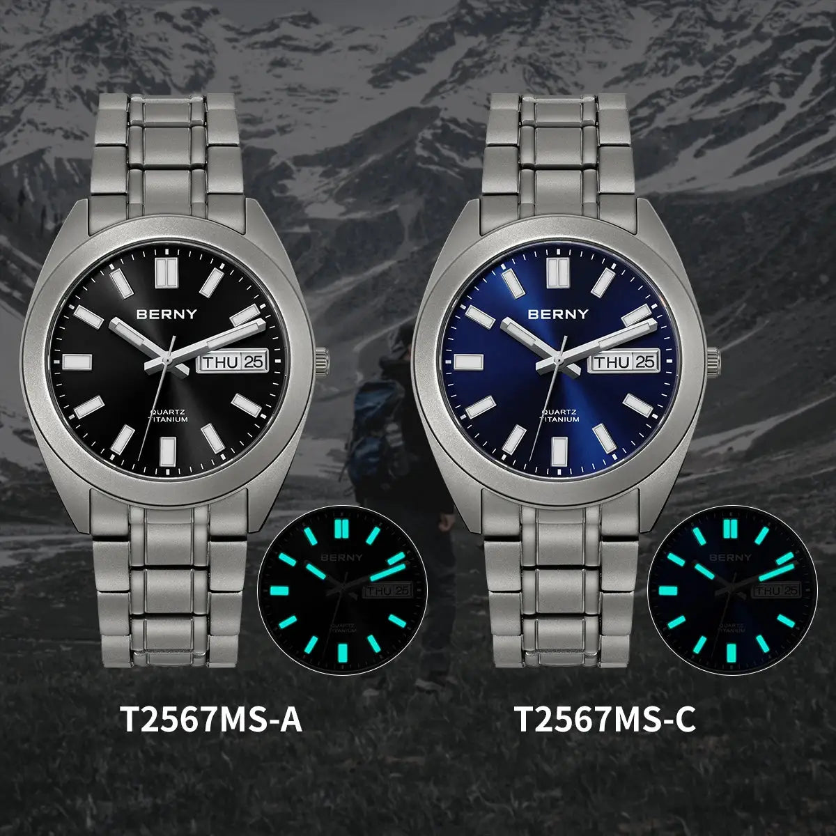 BERNY titanium watches; two from Simples Market with black and blue dials, luminous hands, steel bands.