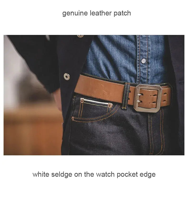 Maden Retro 14.5oz selvedge raw denim jeans for men with brown leather belt, Simples Market