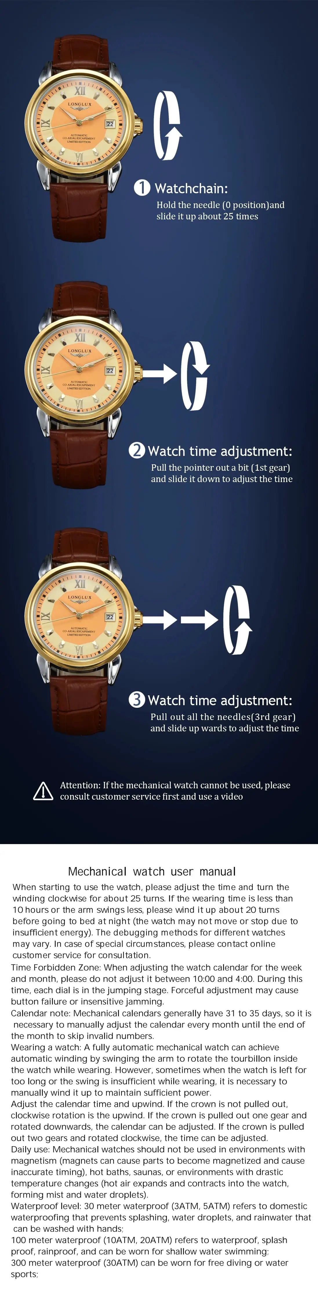 LONGLUX automatic men's wristwatch with brown leather strap and gold bezel; three watches shown