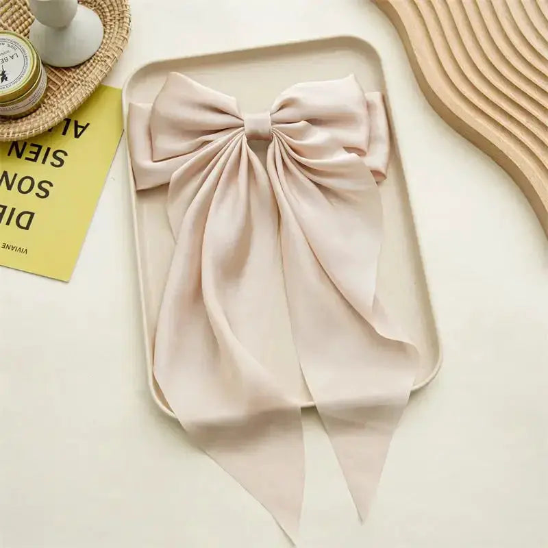 Korean Satin Bowknot Hair Clip For Women And Girls Long Ribbon Solid Color Barrette Hair Accessory