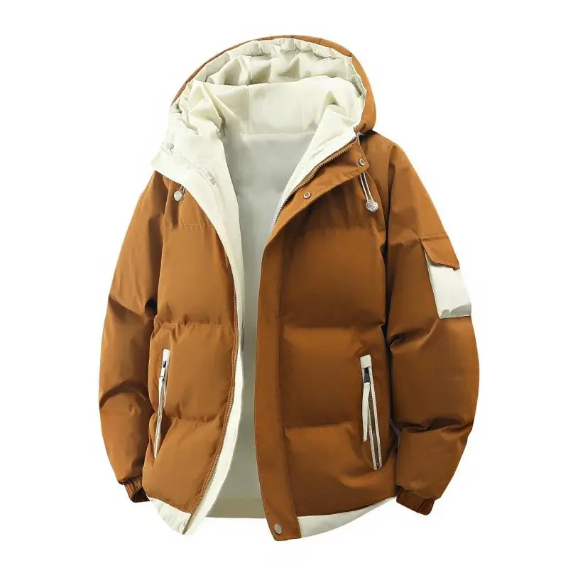 Men's brown hooded puffer jacket with cream lining and zip pockets