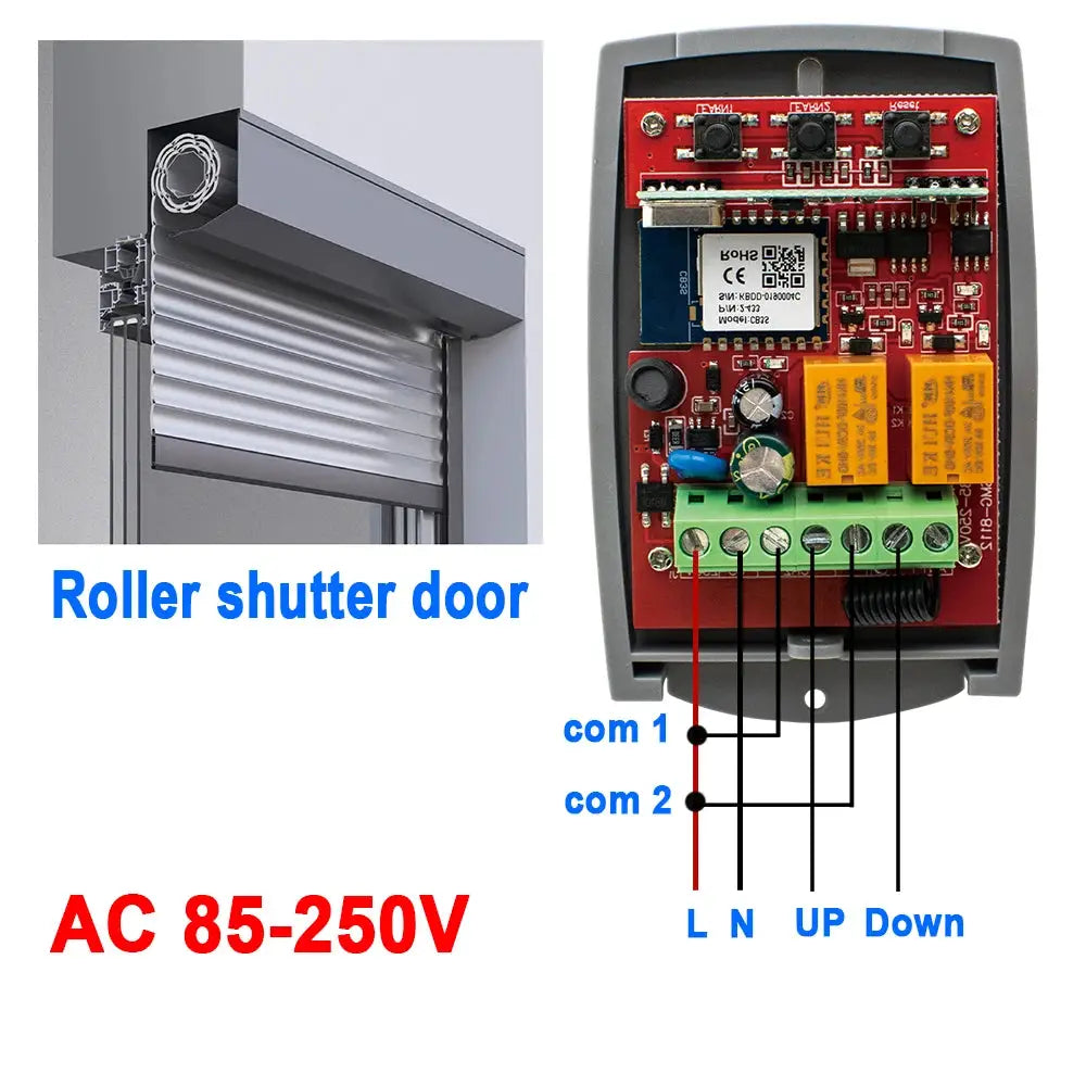Smart wifi 2-channel garage gate receiver module; two items shown: roller shutter door and red PCB with green terminal.