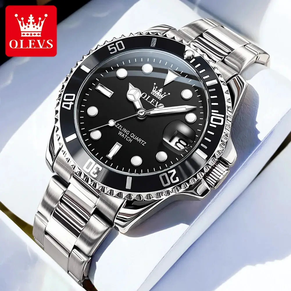 OLEVS 5885 men's stainless steel watch with black dial, date window and luminous markers
