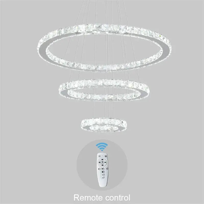 Modern crystal ring LED chandelier with three suspended circular rings, chrome lustre finish, remote control